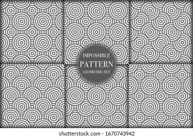 Set of 6 geometric impossible seamless pattern background. Abstract circle and line texture vector illustration for wallpaper, cover, banner, fabric print ,design template ornament, backdrop