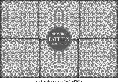 Set of 6 geometric impossible seamless pattern background. Abstract circle and line texture vector illustration for wallpaper, cover, banner, fabric print ,design template ornament, backdrop