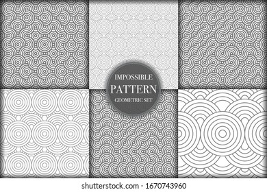 Set of 6 geometric impossible seamless pattern background. Abstract circle and line texture vector illustration for wallpaper, cover, banner, fabric print ,design template ornament, backdrop