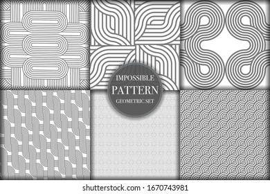 Set of 6 geometric impossible seamless pattern background. Abstract circle and line texture vector illustration for wallpaper, cover, banner, fabric print ,design template ornament, backdrop