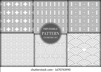 Set of 6 geometric impossible seamless pattern background. Abstract circle and line texture vector illustration for wallpaper, cover, banner, fabric print ,design template ornament, backdrop