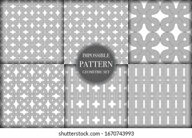 Set of 6 geometric impossible seamless pattern background. Abstract circle and line texture vector illustration for wallpaper, cover, banner, fabric print ,design template ornament, backdrop