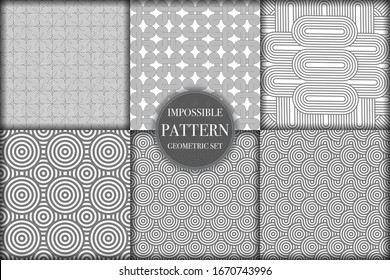 Set of 6 geometric impossible seamless pattern background. Abstract circle and line texture vector illustration for wallpaper, cover, banner, fabric print ,design template ornament, backdrop