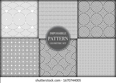 Set of 6 geometric impossible seamless pattern background. Abstract circle and line texture vector illustration for wallpaper, cover, banner, fabric print ,design template ornament, backdrop