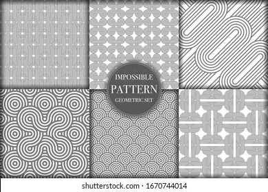 Set of 6 geometric impossible seamless pattern background. Abstract circle and line texture vector illustration for wallpaper, cover, banner, fabric print ,design template ornament, backdrop