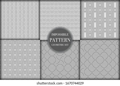 Set of 6 geometric impossible seamless pattern background. Abstract circle and line texture vector illustration for wallpaper, cover, banner, fabric print ,design template ornament, backdrop
