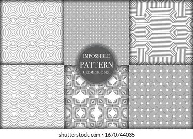 Set of 6 geometric impossible seamless pattern background. Abstract circle and line texture vector illustration for wallpaper, cover, banner, fabric print ,design template ornament, backdrop