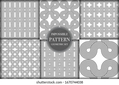 Set of 6 geometric impossible seamless pattern background. Abstract circle and line texture vector illustration for wallpaper, cover, banner, fabric print ,design template ornament, backdrop