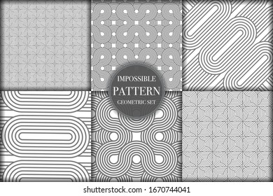 Set of 6 geometric impossible seamless pattern background. Abstract circle and line texture vector illustration for wallpaper, cover, banner, fabric print ,design template ornament, backdrop