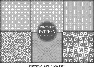 Set of 6 geometric impossible seamless pattern background. Abstract circle and line texture vector illustration for wallpaper, cover, banner, fabric print ,design template ornament, backdrop
