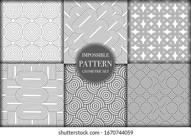Conjunto de 6 fondo de patrón geométrico imposible sin fisuras. Ilustración vectorial de textura de línea y círculo abstracto para papel tapiz, cubierta, banner, impresión de tela, adorno de plantilla de diseño, fondo