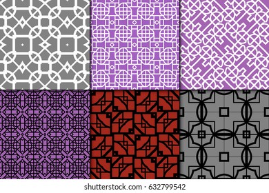 set of 6 geometric seamless pattenr. Vintage ornament. Vector illustration. For design, wallpaper, fabric