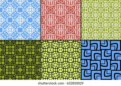 set of 6 geometric seamless pattenr. Vintage ornament. Vector illustration. For design, wallpaper, fabric