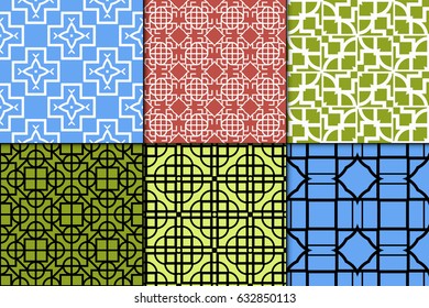 set of 6 geometric seamless pattenr. Vintage ornament. Vector illustration. For design, wallpaper, fabric