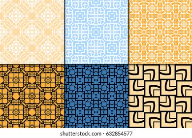 set of 6 geometric seamless pattenr. Vintage ornament. Vector illustration. For design, wallpaper, fabric