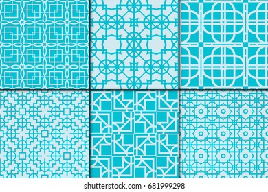 Set of 6 geometric seamless pattern, blue color.  Modern ornament. design for wallpaper, background, textile