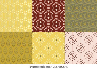 Set Of 6 Geometric Simple Mid Century Seamless Patterns With Abstract Shapes. Vintage, Retro Style Texture Collection For Textile, Fabric, Home Decor, Wallpaper. Bohemian 60s Background. Bright Colors