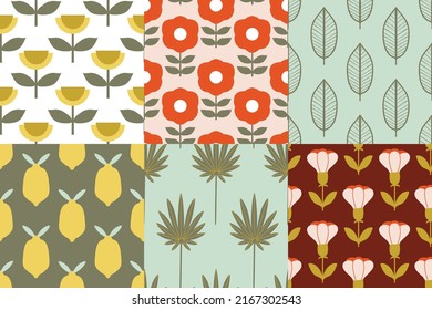 Conjunto de 6 patrones geométricos simples de mediados de siglo sin costuras con formas abstractas. Colección de texturas de estilo retro vintage para textiles, tela, decoración casera, papel pintado. Antecedentes bohemios de los años 60. Colores luminosos
