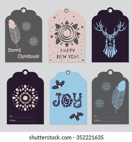 Set of 6 gift tags with deer, feather, snowflake, and more. Collection of printable holiday labels. New Year, Christmas pattern. Vector template for greeting card, congratulation, poster, tag, etc. 