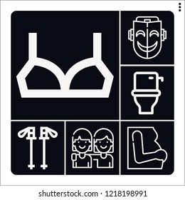 Set of 6 girl outline icons such as mask, brassiere, hiking, toilet, friendship