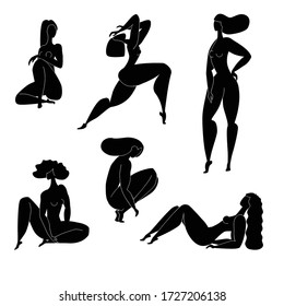 Set of 6 girls silhouette, woman's body vector black