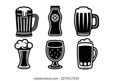 set of 6 Glass of beer silhouette vector cartoon illustration