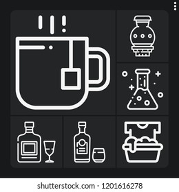 Set of 6 glass outline icons such as tea, flask, rum, absinthe, soak
