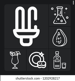 Set of 6 glass outline icons such as vodka, flask, mai thai, lamp, mango