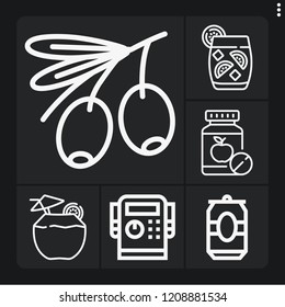 Set of 6 glass outline icons such as alcoholic drinks, cocktail, olive, starter, beer