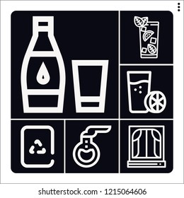 Set of 6 glass outline icons such as recycling, gin tonic, window, water, florence flask