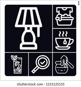 Set of 6 glass outline icons such as gin tonic, inspection, soak, honey, lamp