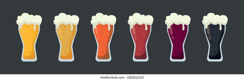 Set of 6 glasses of different types of beer - Vector illustration