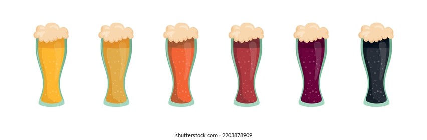 Conjunto de 6 vasos de diferentes tipos de cerveza - Ilustración vectorial