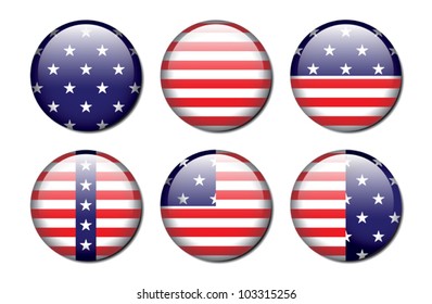 A set of 6 glossy american flag patterned buttons. Eps 10 Vector.