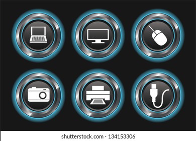 A set of 6 glowing blue device buttons on a dark background. Eps 10 Vector.