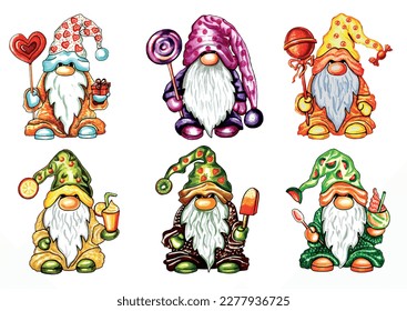 Set of 6 gnomes with sweets. Vector EPS illustration for stickers, creating patterns, wallpaper, wrapping paper, 
postcards, design template, fabric, clothing.