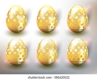 Set of 6 golden Easter Eggs. Design elements for holiday cards. Easter collection. Colorful, glossy and isolated with realistic light and shadow on the light panel. Vector illustration. Eps10.