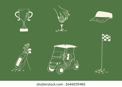 Set of 6 golf icons on green background: trophy, tee, golf bag, golf cart, hand putting golf ball, flag and cap.