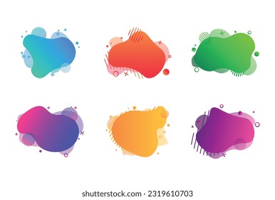 Set of 6 gradient liquid element with geometric details. Modern colorful liquid shapes and waves vector illustrations. Aqua gradient templates for text.