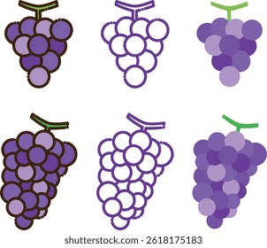 A set of 6 grape illustrations with various painting and line styles. Including simple fills, images of fall flavors, fruits, and food, as design accents and icons.