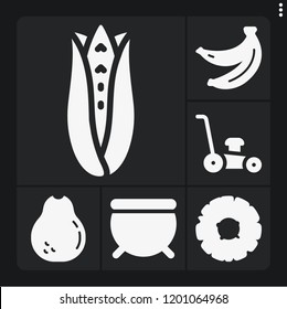 Set of 6 green filled icons such as cauldron, bananas, corn, avocado, pineapple