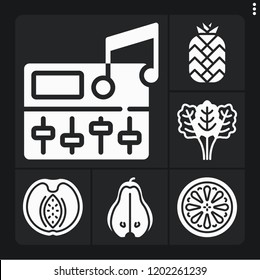 Set of 6 green filled icons such as levels, spinach, pear, lemon, peach