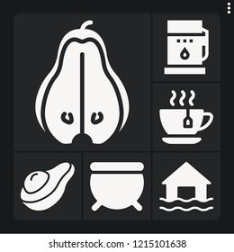 Set of 6 green filled icons such as cauldron, pear, avocado, fuel, flood