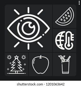Set of 6 green outline icons such as view, bloody mary, global warming, christmas tree, apple