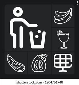 Set of 6 green outline icons such as margarita, solar panels, trash, butternut squash, bananas