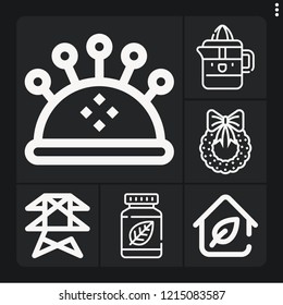 Set of 6 green outline icons such as eco house, power line, christmas wreath, pin cushion, squeezer