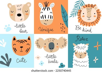 Conjunto de 6 tarjetas de felicitación con animales adorables. Oso, cebra, león, tigre, koala, alpaca. Ilustración vectorial para tarjeta, afiche, impresión.