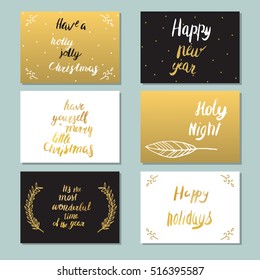 Set of 6 greeting cards with lettering. Hand drawn. Vector illustration. Golden, white, black