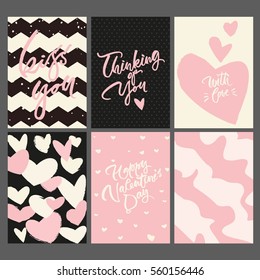 Set Of 6 Greeting Cards And Textures For Valentine's Day Or Wedding Patterns With Lettering About Love: 