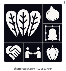 Set of 6 group filled icons such as spinach, user, bell pepper, fig, handshake